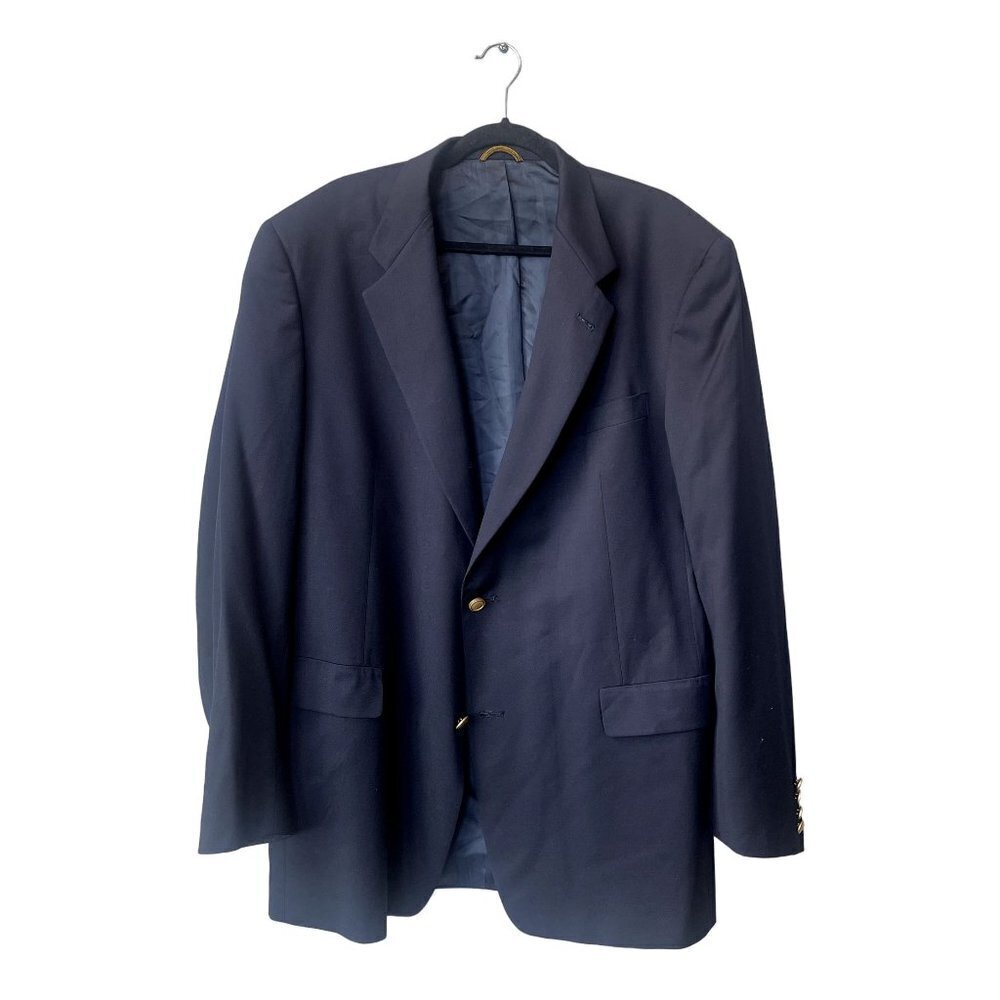 Hart Schaffner & Marx Gold Trumpeter Wool 46L Navy Blue Gold Button Suit Blazer